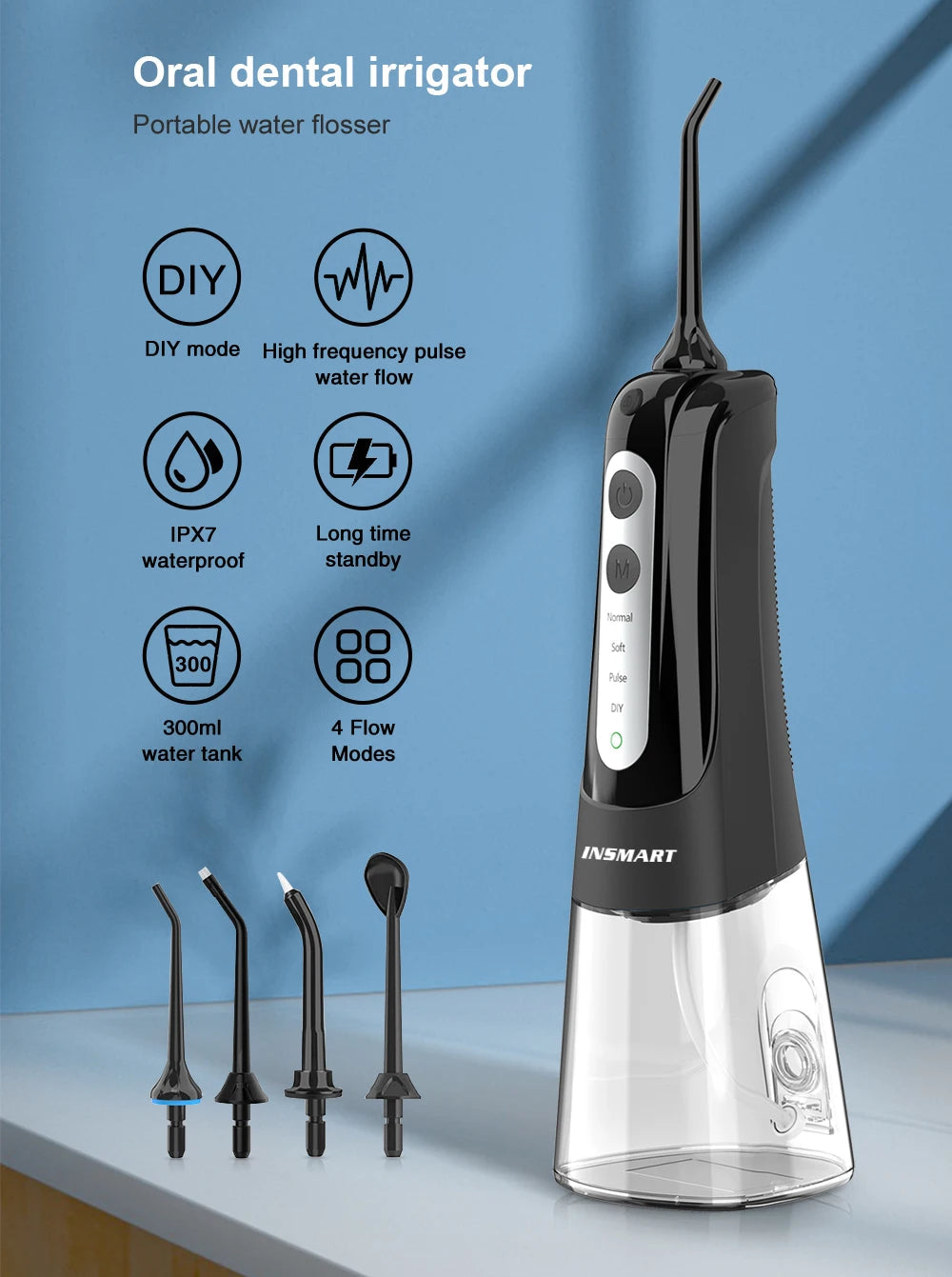 INSMART Oral Irrigator Dental Water Flosser Teeth Whitening Waterproof Portable Dental Water Jet Floss 300ML Teeth Cleaner 