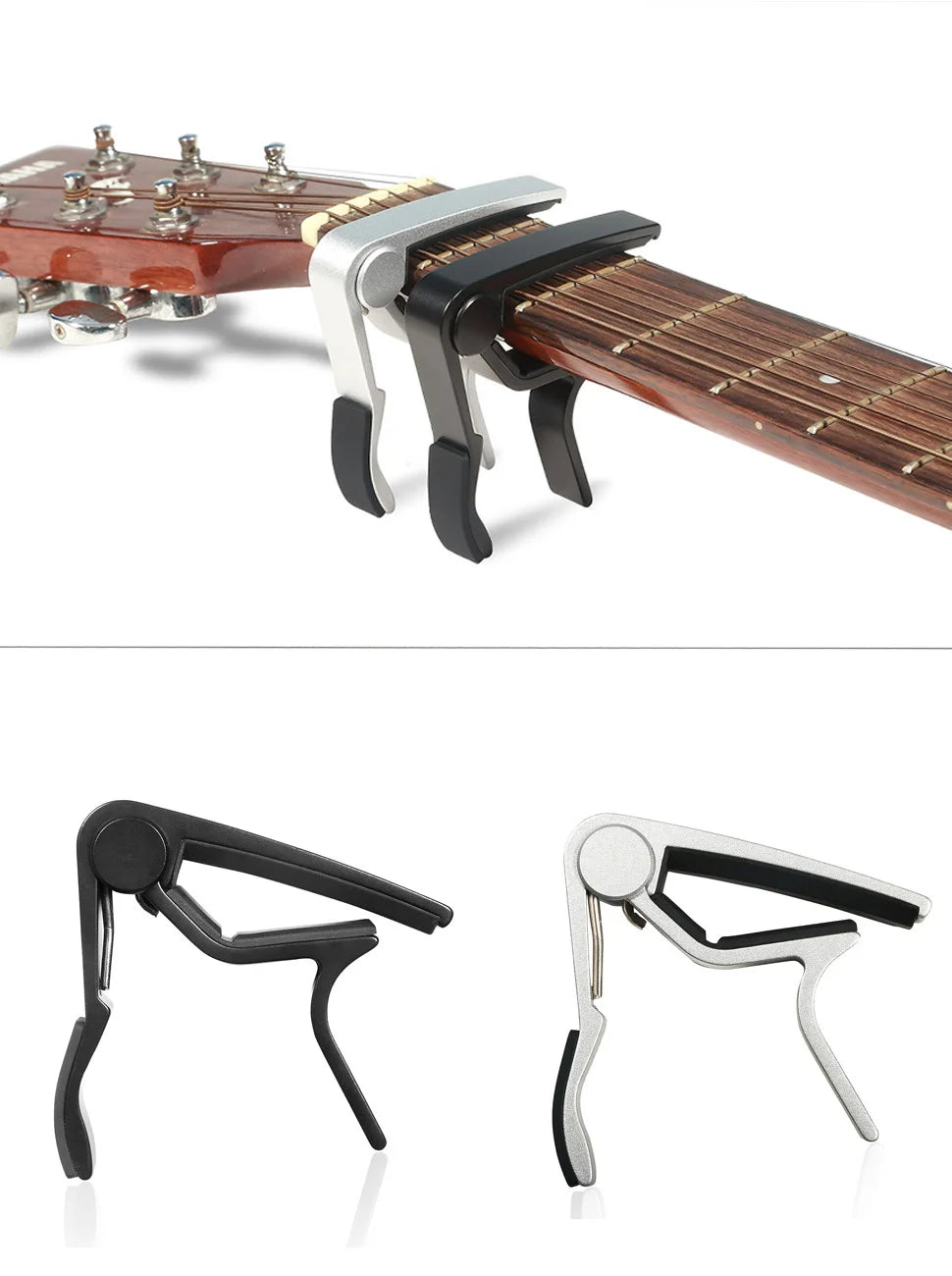 Metal Guitar Capo in Black or Silver, with 6 Guitar Picks