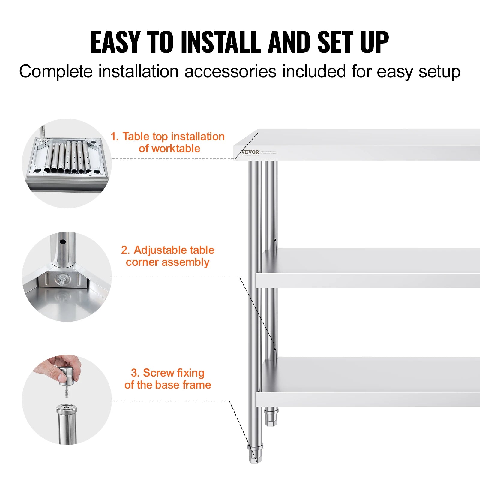 Ayarlanabilir Raflı Paslanmaz Çelik Çalışma Masası 14x48 İnç