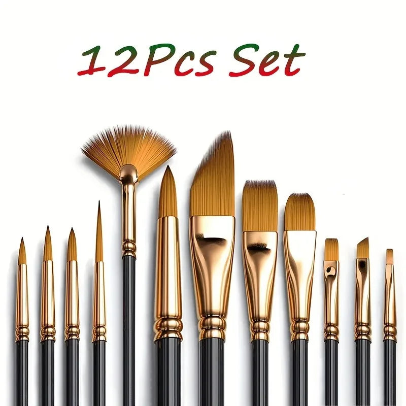 12pc Nylon Brush Set for Watercolor, Acrylic & Oil Painting