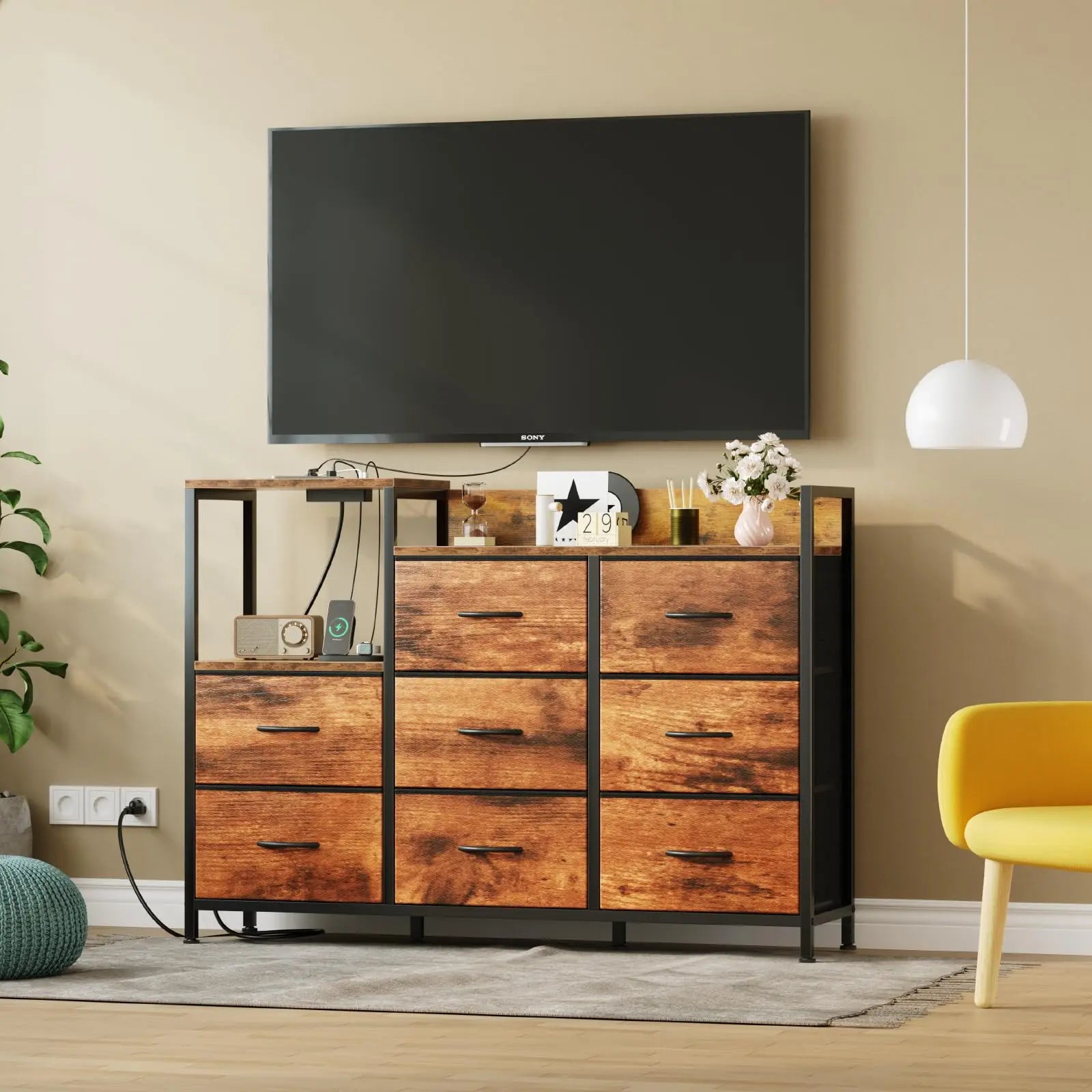 Modern TV Stand with 9 Fabric Drawers & Metal Frame Storage