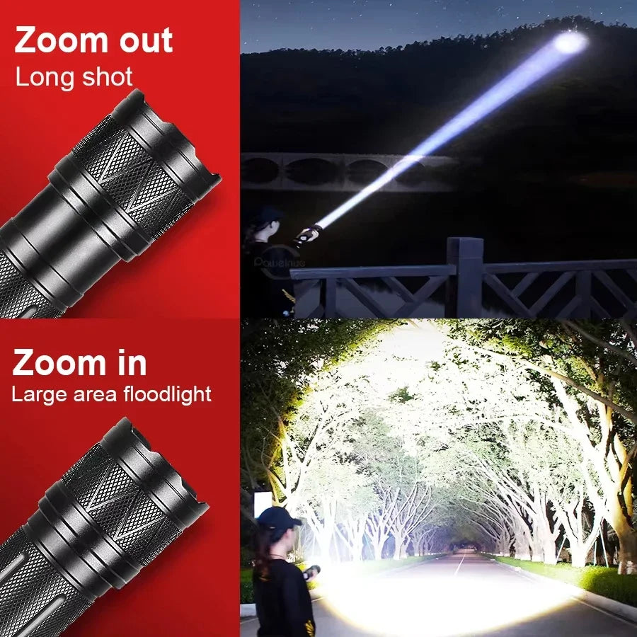 LED Handheld Flashlight Ultra-Bright 50000Lumens 12000mAh Rechargeable Battery Powerful Torch Zoomable Tactical Lantern