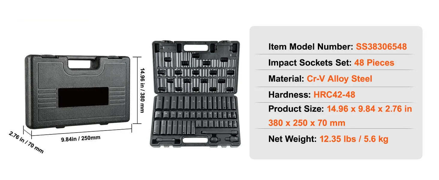 Set udarnih nasadnih ključeva 1/2'' pogon SAE i metrički, duboki/standardni 26–65 komada
