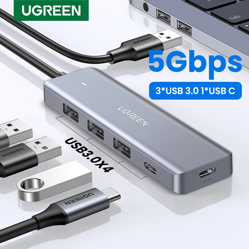 UGREEN USB-HUB med 4 porter, USB-A-splitter, ultratynn USB-utvideradapter til mus, tastatur, MacBook, bærbar PC og tilbehør til XBOX og PS5