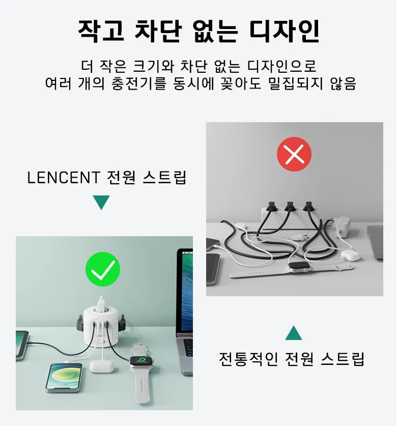 LENCENT EU Plug Power Strip with 4 AC Outlets 3 USB Port 1 Type C 2M/3M Braided Cable Multi Socket with Switch for Home 