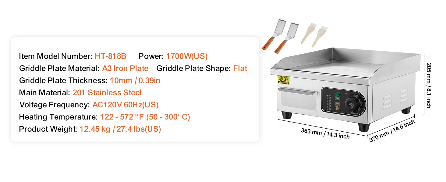 Commercial Electric Griddle 122–572°F Flat Top Countertop Grill