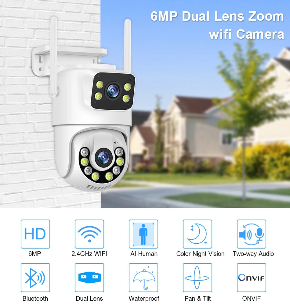 6MP PTZ WiFi IP Camera Dual Lens Dual Screen Outdoor Security Camera