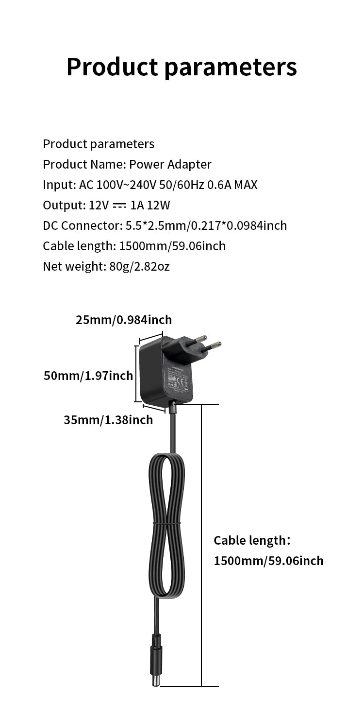 DC12V 1A Power Adapter 12W AC Power Adapter Suitable for Small Household Appliances AC100-240V to DC12V 1000mA Charger