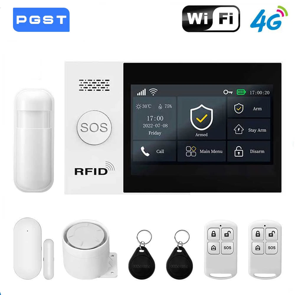 PGST Wireless Home Security Alarm System Work with Tuya 4G 2G GSM WIFI Smart Home 433MHz App Control With Alexa