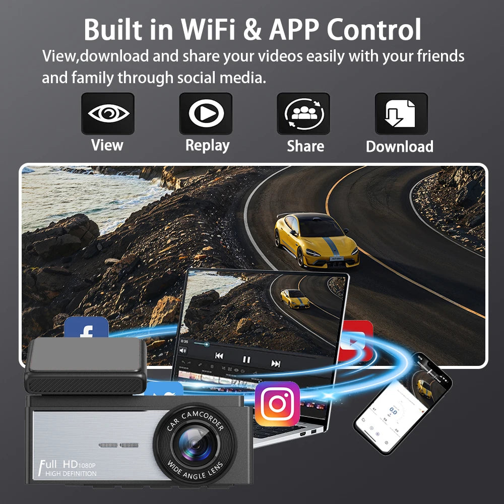 3-kanaals dashcam HD 1080P wifi, DVR voor in de auto, camera met drie lenzen, DVR-videorecorder, dashcam-camcorder