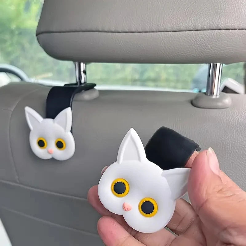 2pcs Adorable 3D Cartoon Cat Car Seat Headrest Hooks - Universal Vehicle Storage Organizer for Handbags, Purses, Coats - Cute Ca 