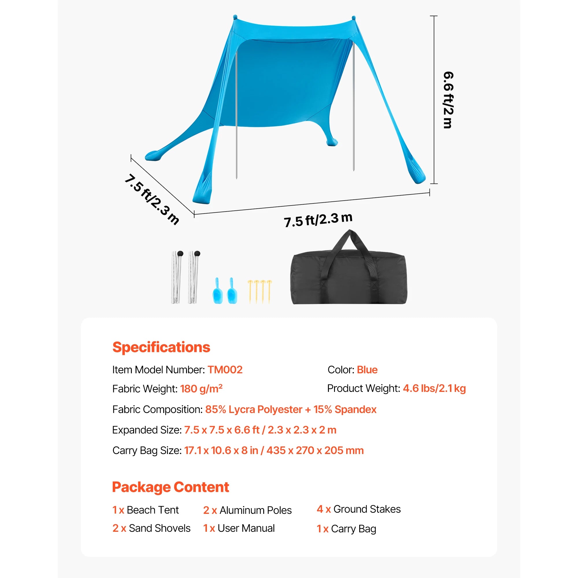 Tente de plage abri solaire UPF50+ auvent pop-up pour 3 à 4 personnes