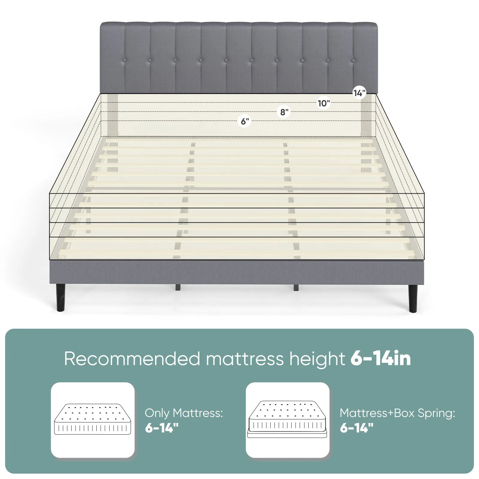 Wooden Upholstered Bed Frame with Adjustable Headboard, No Box Spring