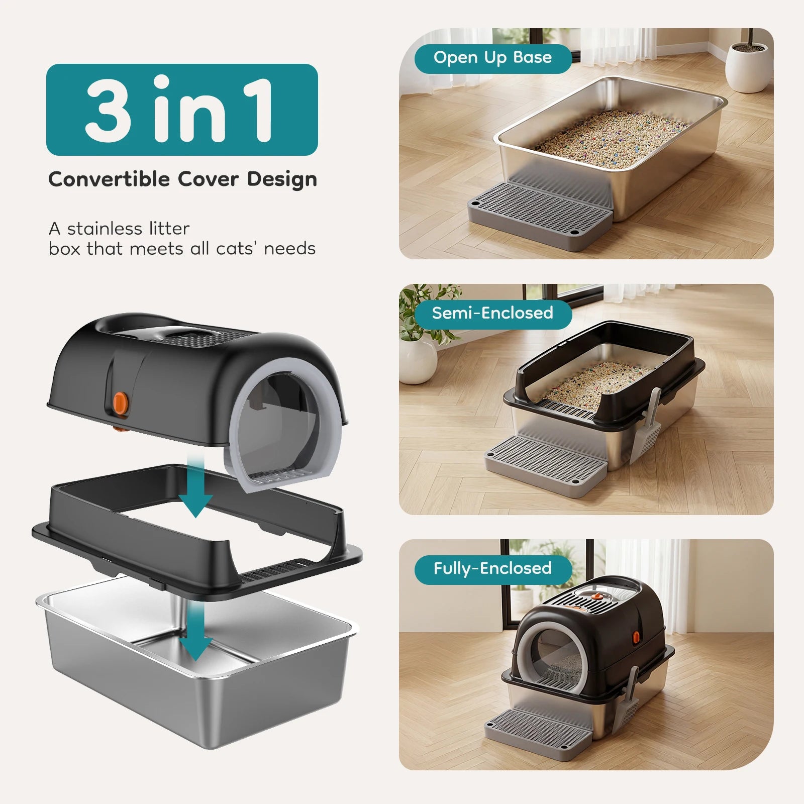 24" Stainless Steel Enclosed Cat Litter Box XL 30L with Scoop