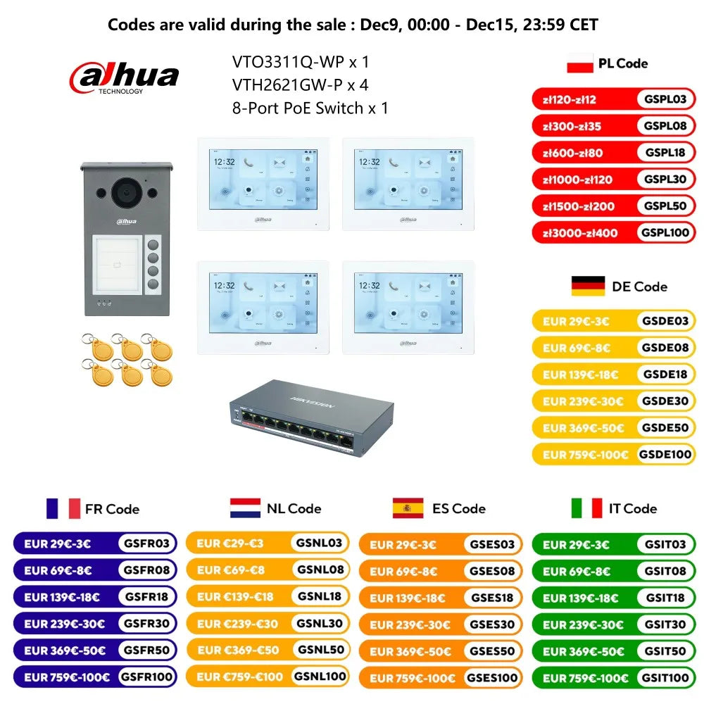 Dahua IP Video Intercom KIT,VTO3311Q-WP & VTH2621GW-P & PoE switch, P2P Cloud, Door bell 1, 2 ,3 ,4 buttons are adjustable Spy-shop.com