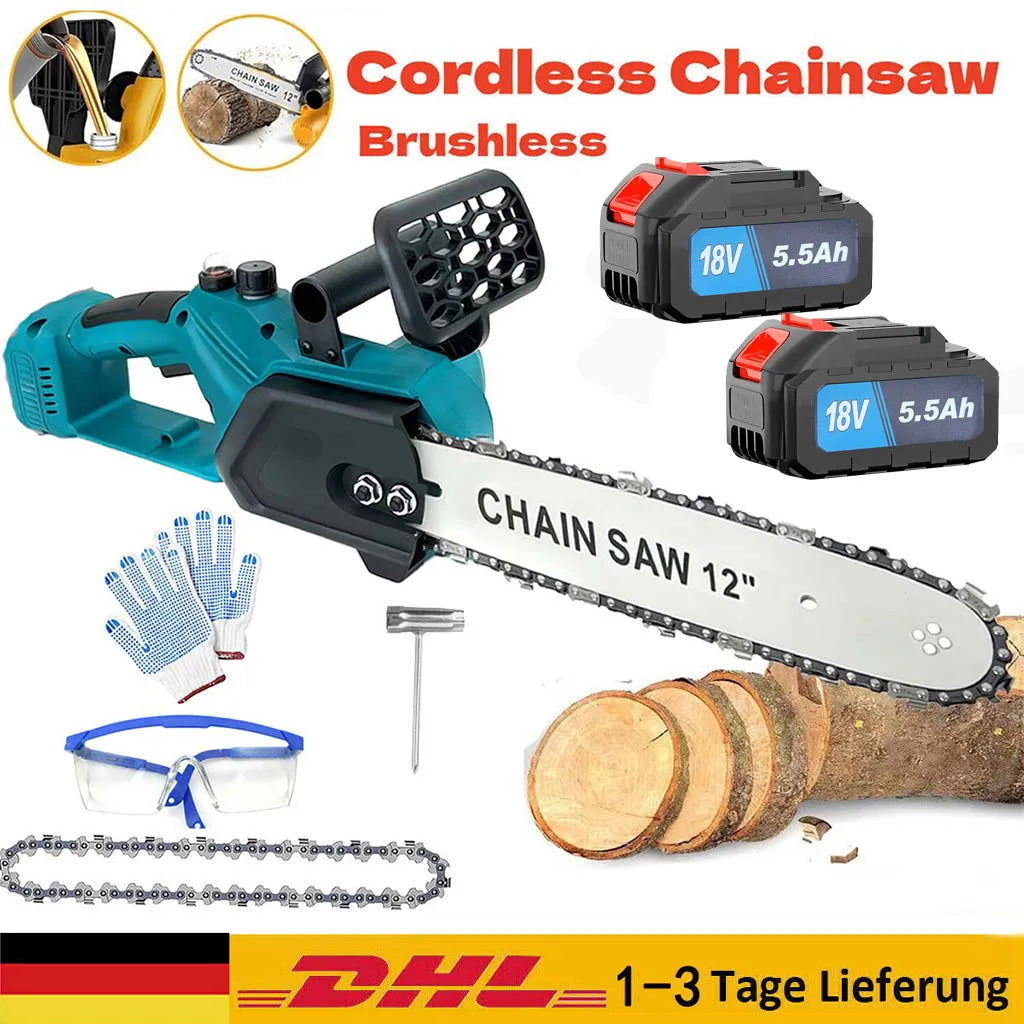 2x Battery 12'' Electric Cordless Chainsaw Power Wood Cutter Saw For Makita 18V with oil system 