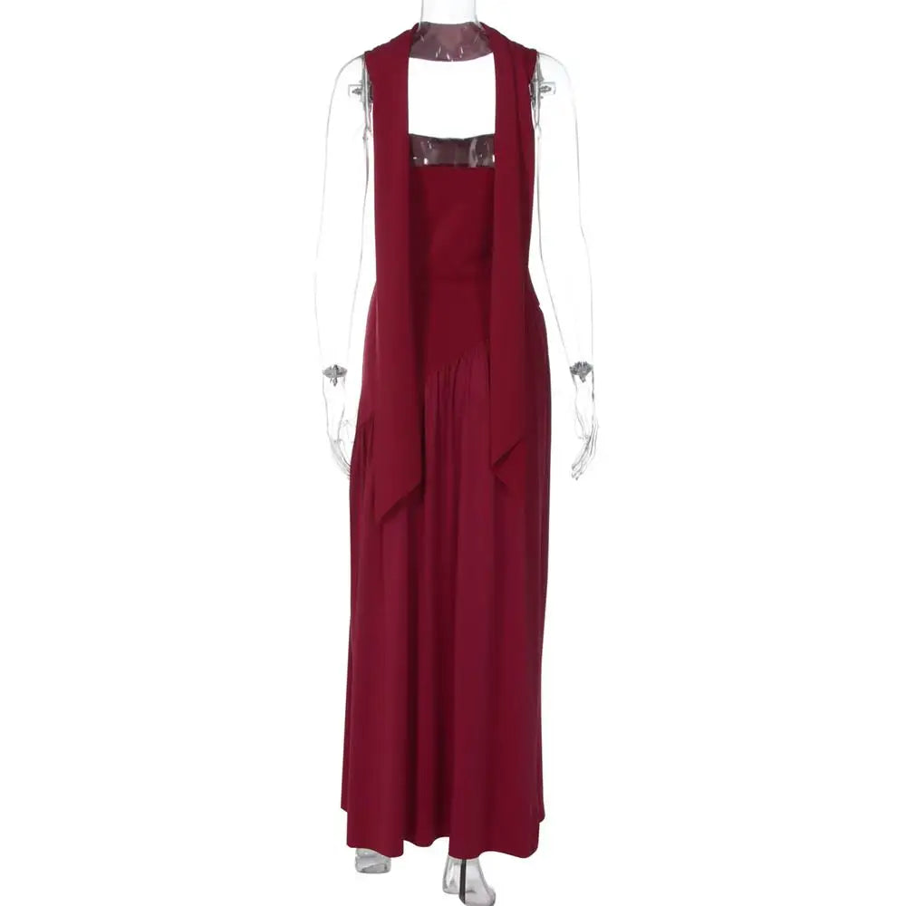 Elegant Sleeveless High Waist Slit Dress with Belted Sash