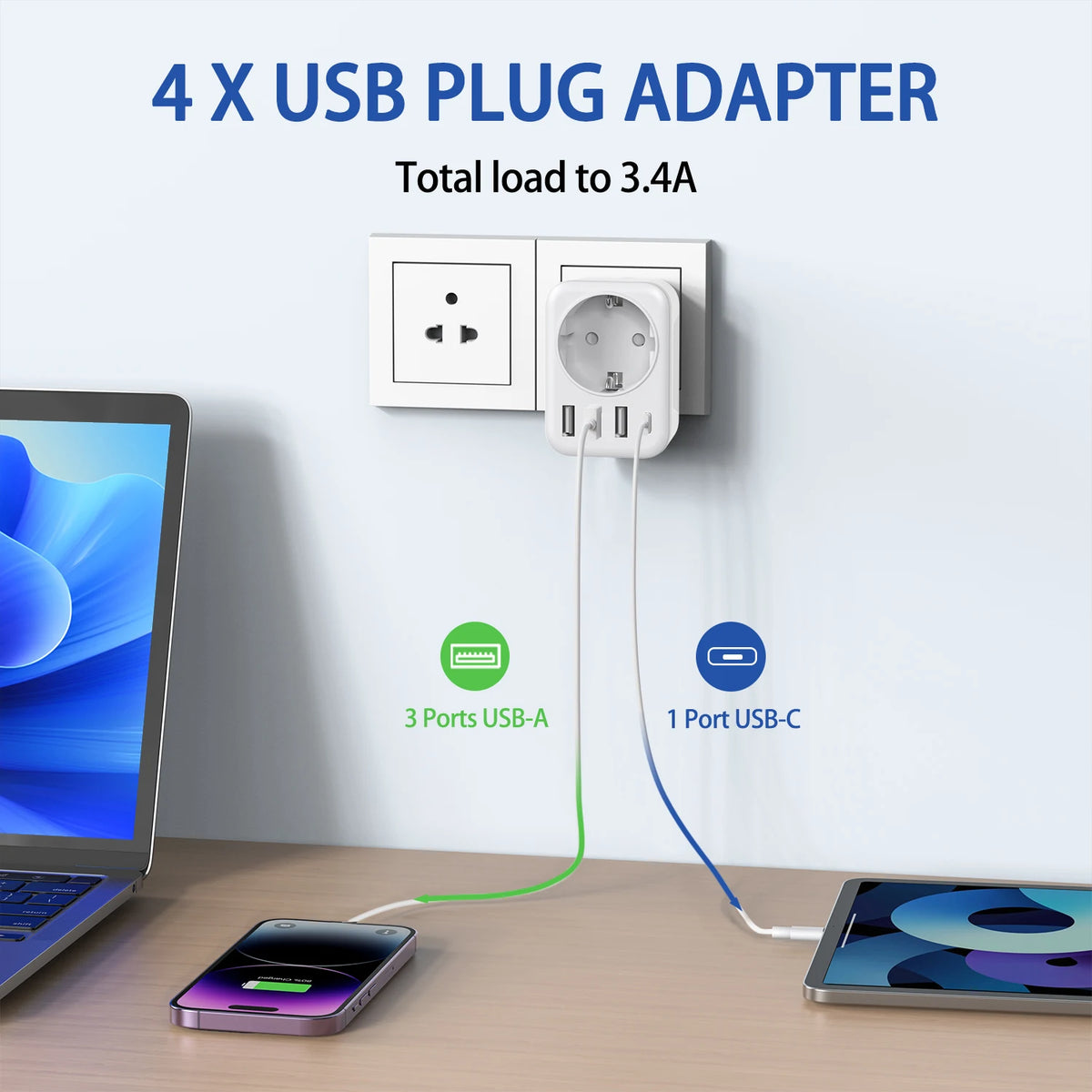 US Travel Plug Adapter with USB Charging