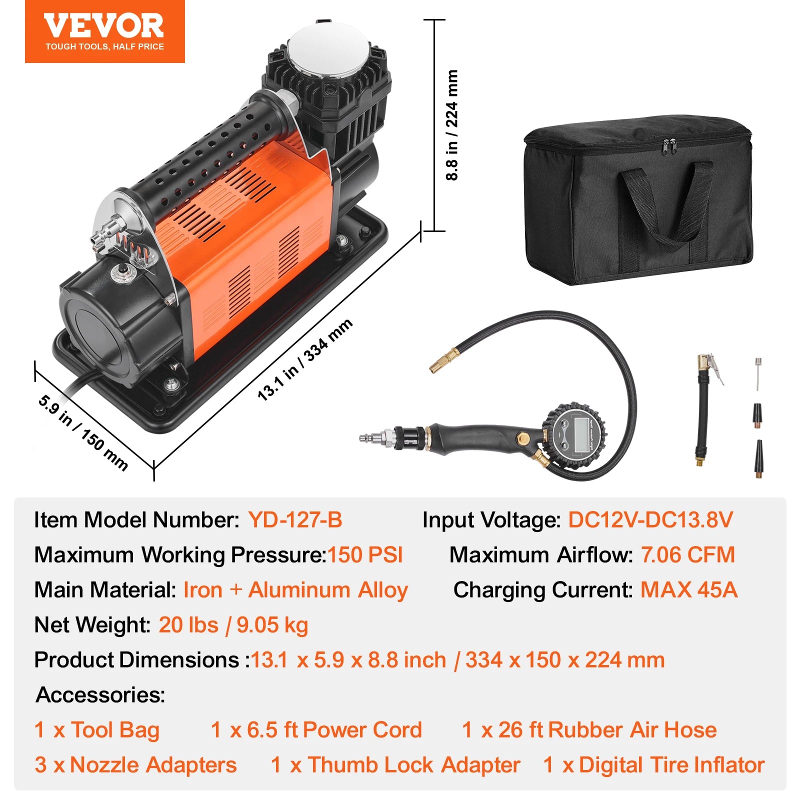 Compressor de Ar com Duplo Cilindro 150 PSI para Pneus de Carros e Caminhões