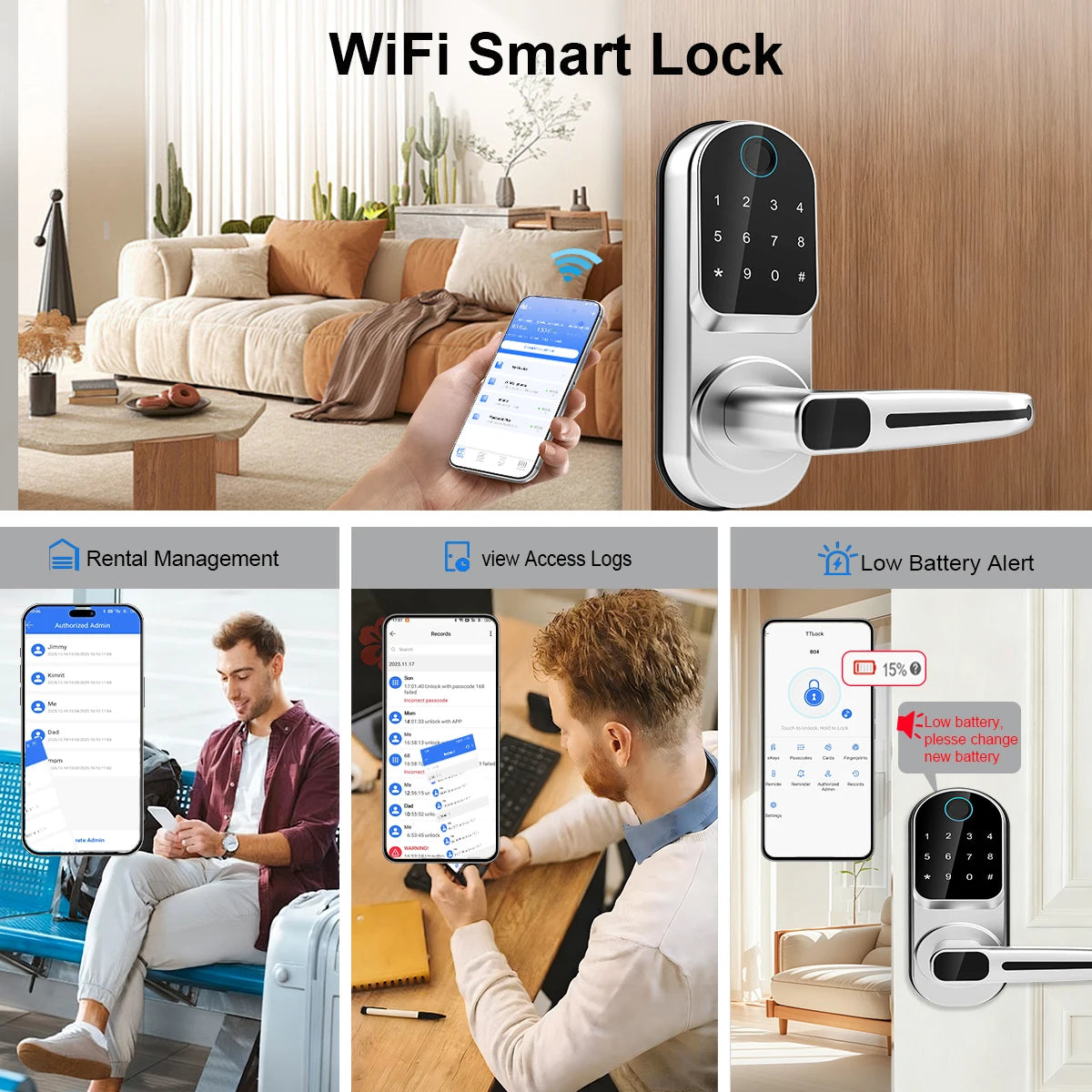 Fechadura eletrónica de porta com código de app e acesso por cartão