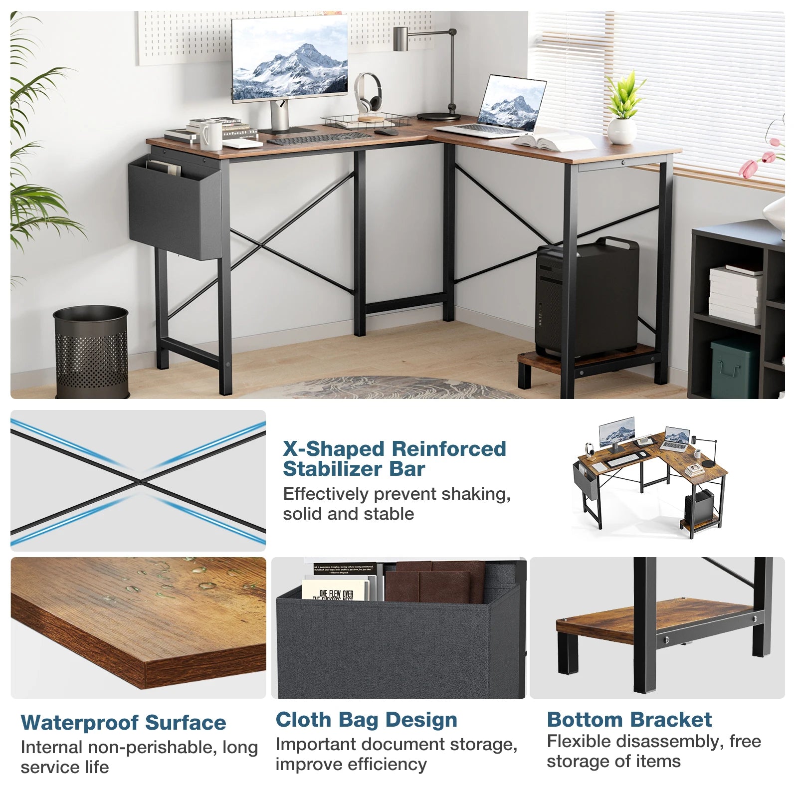 50 Inch L-Shaped Corner Desk with CPU Shelf & Storage Bag