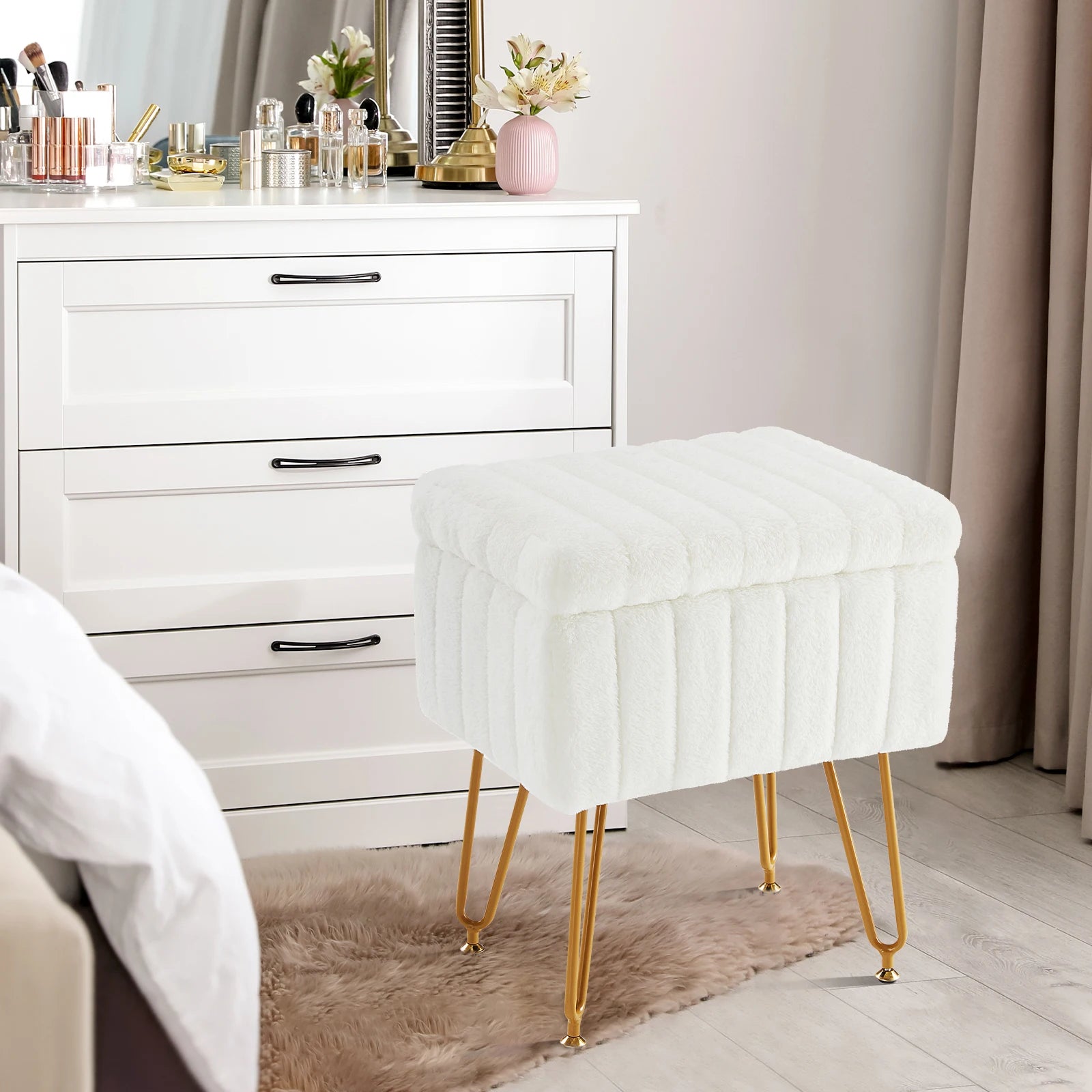 Faux Fur Storage Ottoman Stool with Hidden Compartment & Metal Legs