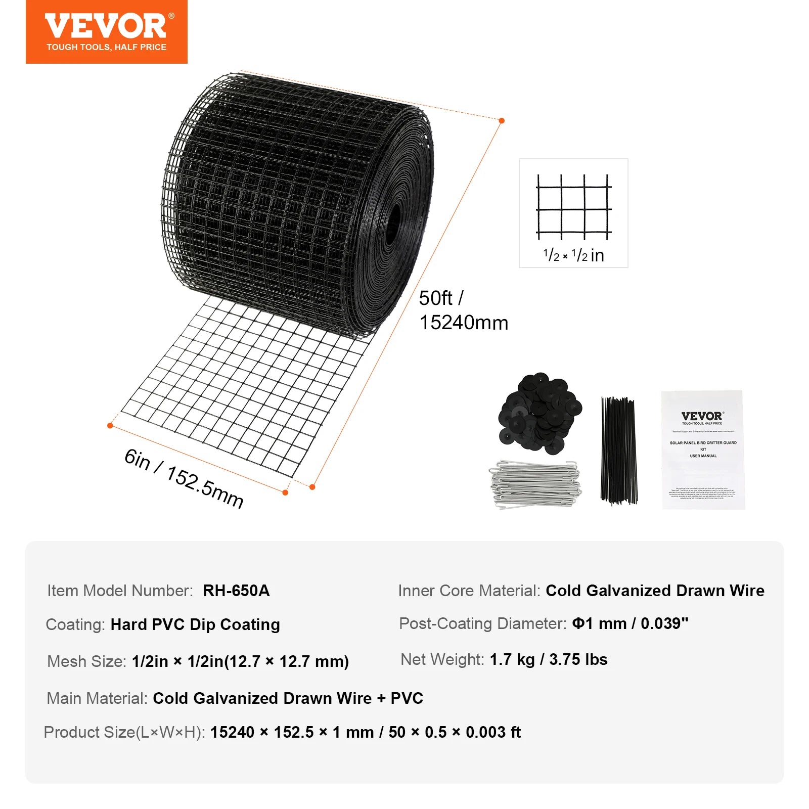 SucceBuy Solar Panel Bird Guard Critter Guard Roll Kit Stainless Steel Fastener Solar Panel Rustproof PVC Coating Wire Roll Mesh