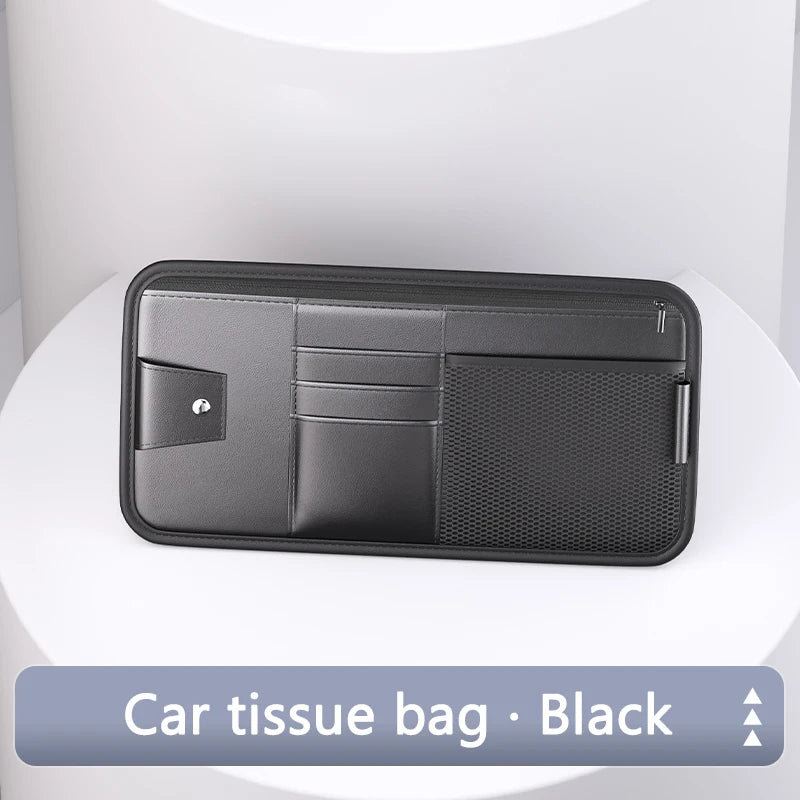 SEAMETAL 9 in 1 Sun Visor Organizer for Car PU Leather Zipper Storage Bag Net Pouch Auto Storage Pocket with Glasses/Card Holder