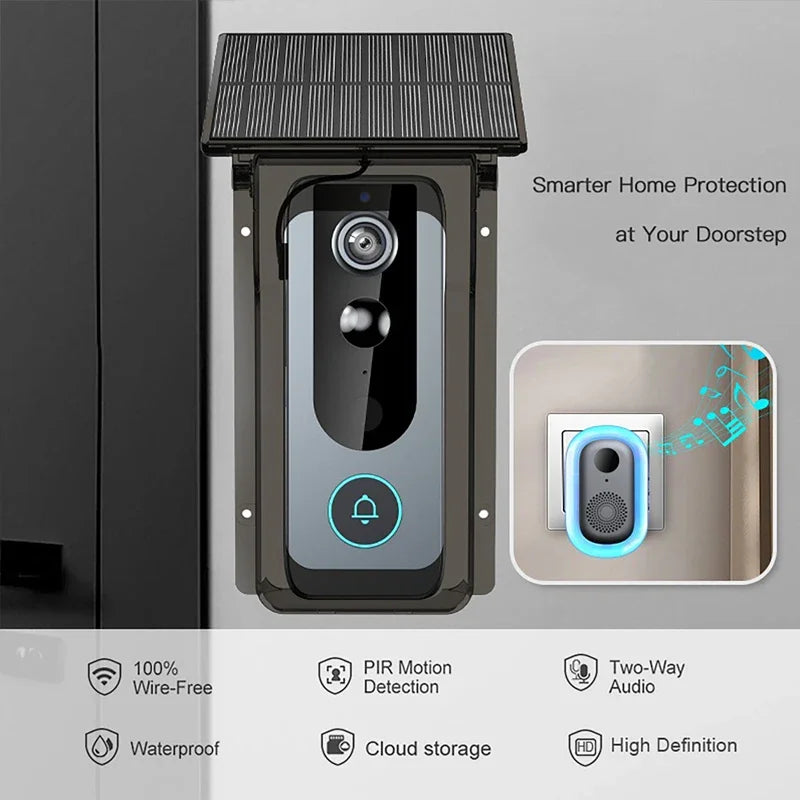 Outdoor Wireless Video Doorbell with Solar Rain Cover Camera IP65 Waterproof Digital Door Monitoring Smart Home Video Intercome