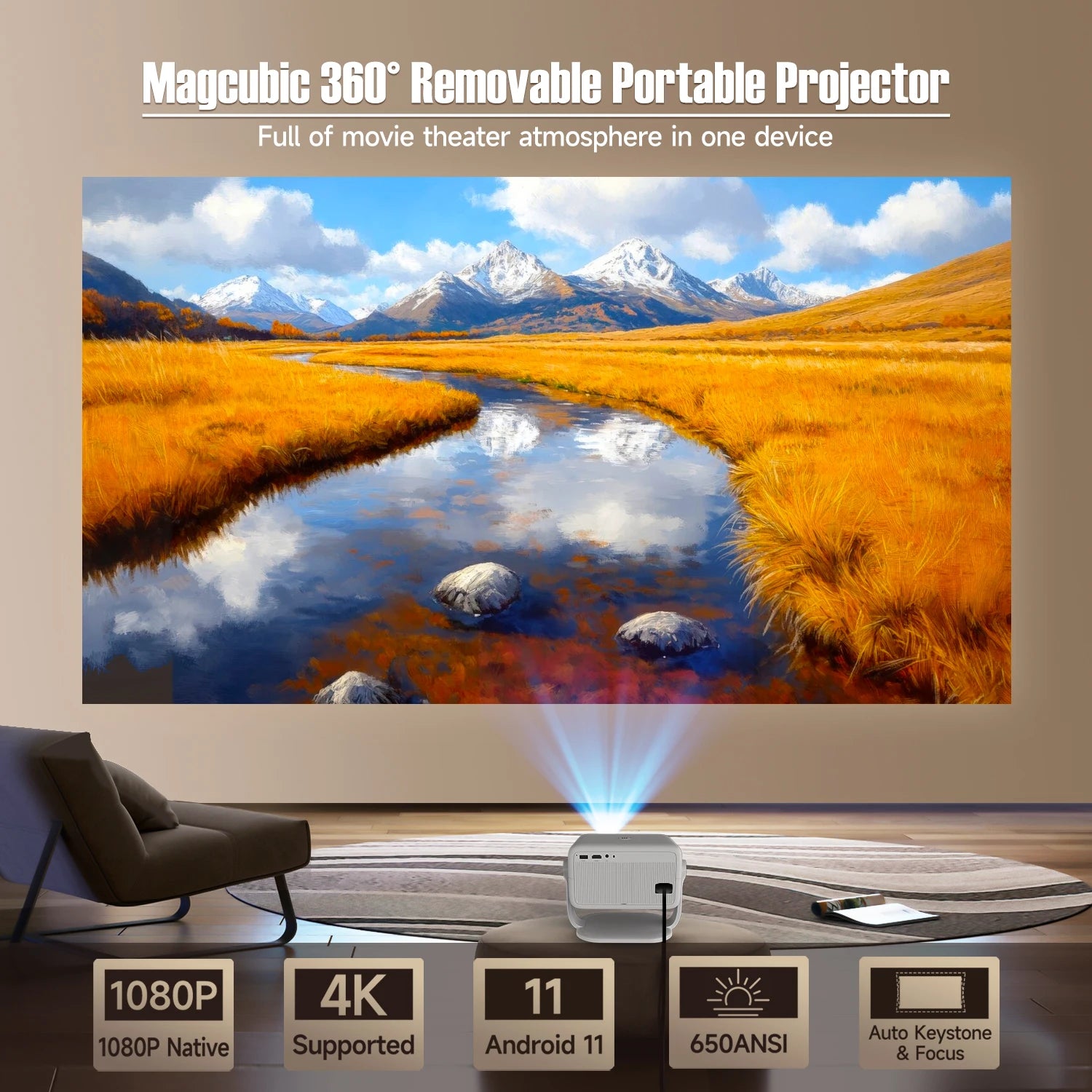 Projecteur portable Magcubic 4K Android 11 avec rotation à 360°