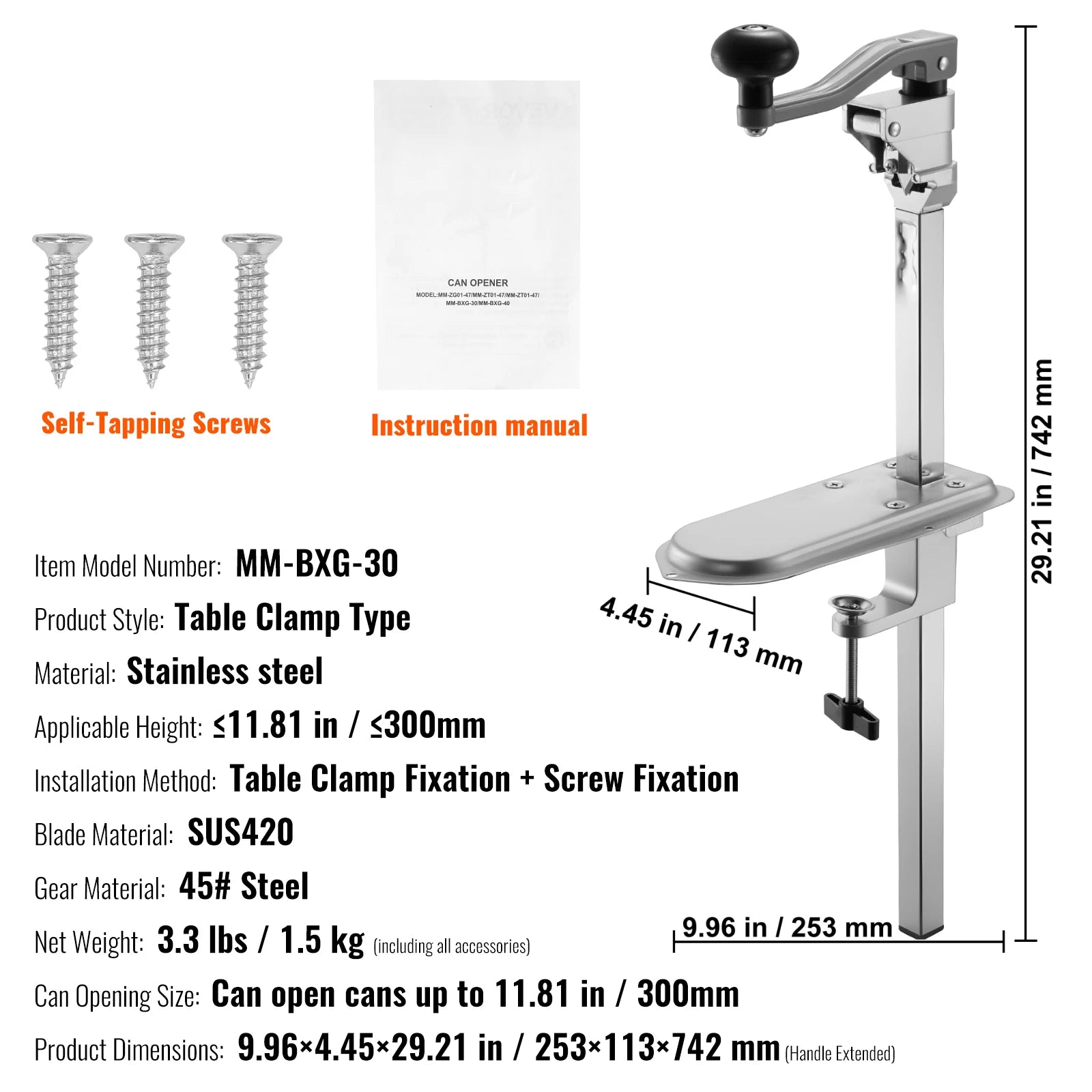 Commercial Manual Can Opener with Table Clamp & Adjustable Height