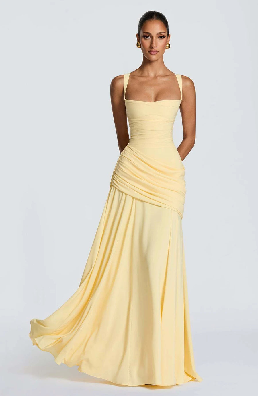 Women’s Elegant Ruched Backless Maxi Dress with Square Neck