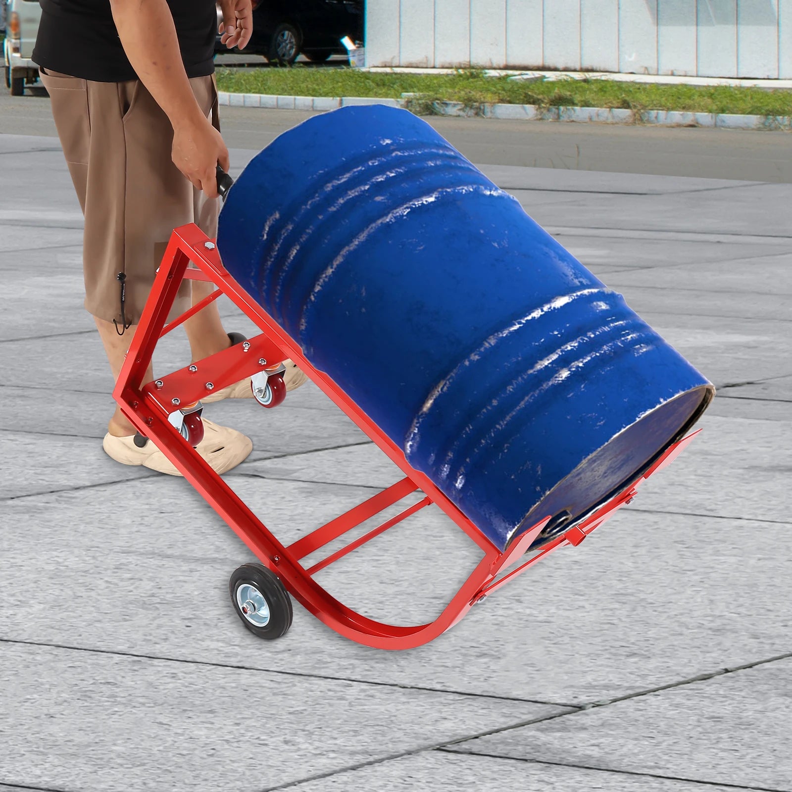 Sturdy Red Steel 55 Gallon Drum Dolly Cart 600 lbs