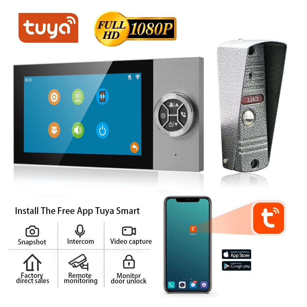 7 Pouces 4-Filaire AHD WIFI Video Portier Intercom 1080P HD Visible Doorbell avec application Tuya Contrôle à distance et Visualiseur d’interstice