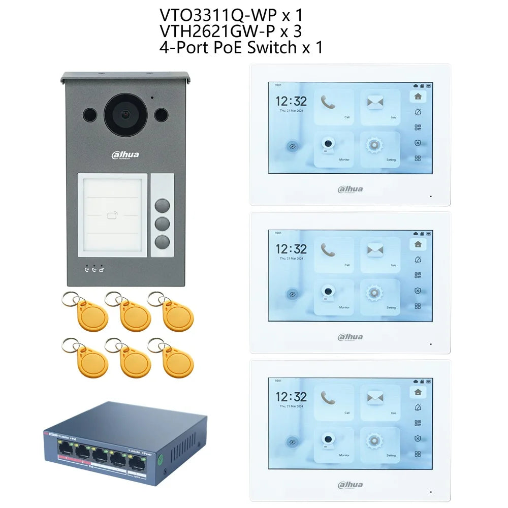 Dahua IP Video Intercom KIT,VTO3311Q-WP & VTH2621GW-P & PoE switch, P2P Cloud, Door bell 1, 2 ,3 ,4 buttons are adjustable Spy-shop.com