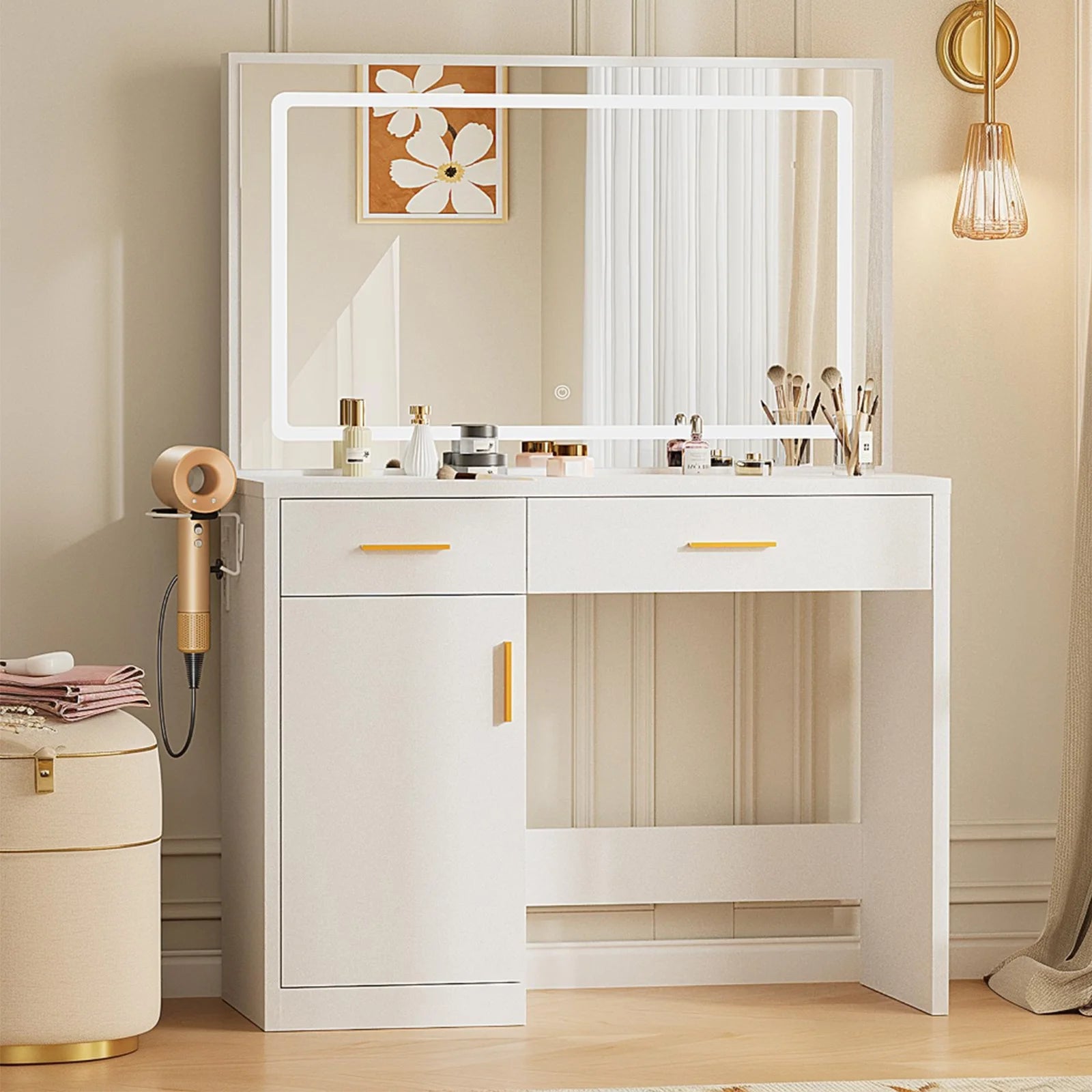 Vanity Desk with LED Mirror, Charging Station & Storage