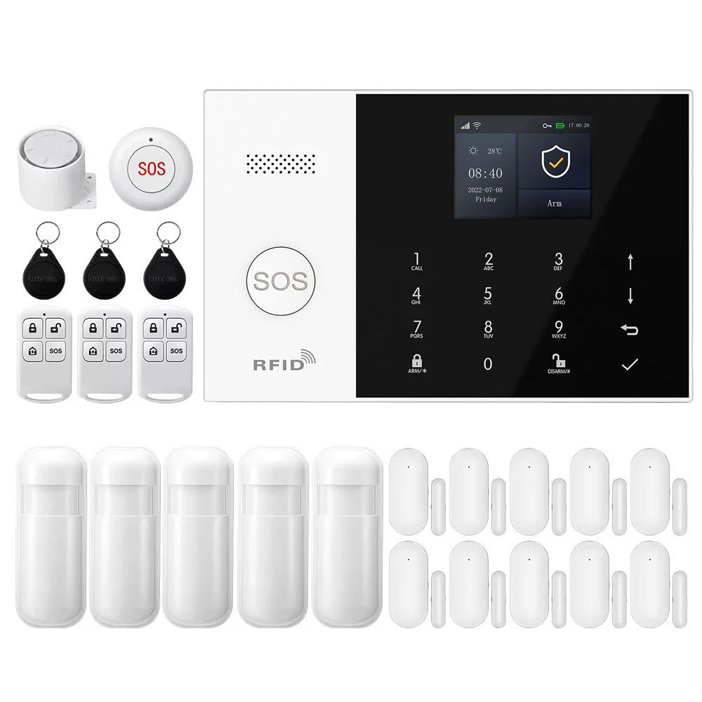 PGST Kit de système d'alarme antivol intelligent 4G WiFi Works with Tuya Works with Smart Life Connexion sans fil Ensemble de capteurs Télécommande Alerte en temps réel Sécurité domicile Bureau Entrepôt Euro