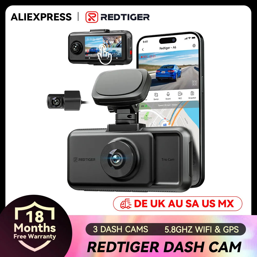 REDTIGER A6 4K 3-Channel Dash Cam with GPS and WiFi