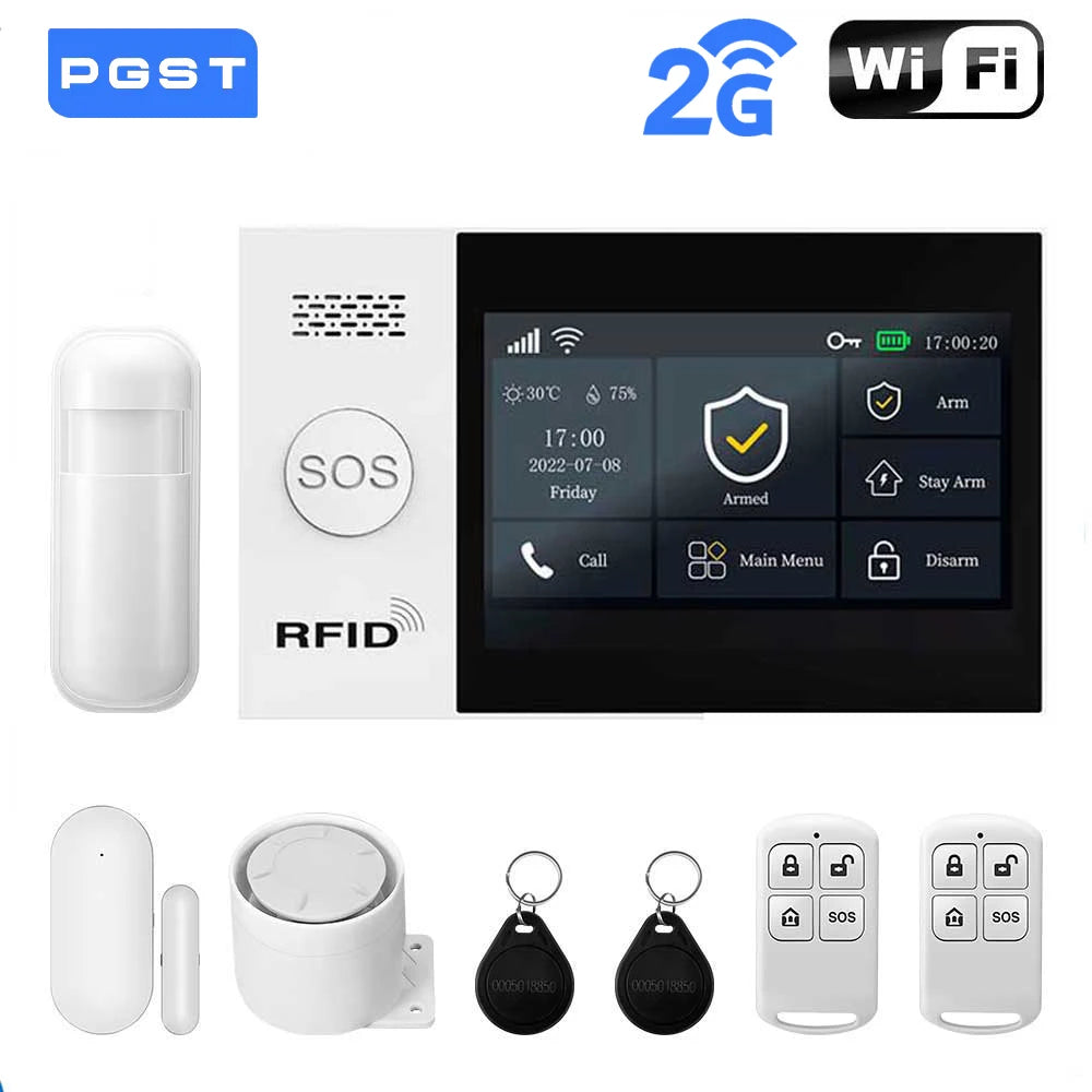 PGST Wireless Home Security Alarm System Work with Tuya 4G 2G GSM WIFI Smart Home 433MHz App Control With Alexa