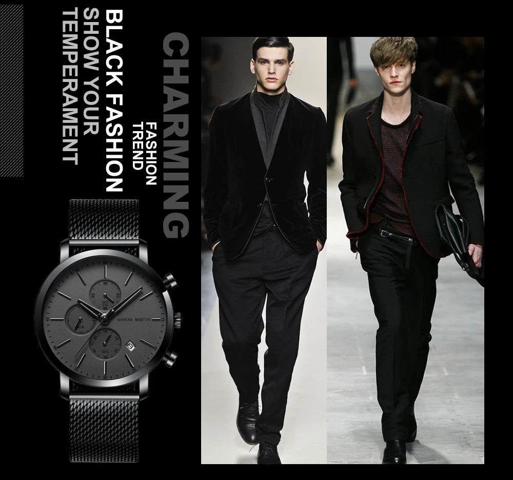 Hannah Martin Men's Stainless Steel Business Sports Quartz Watch