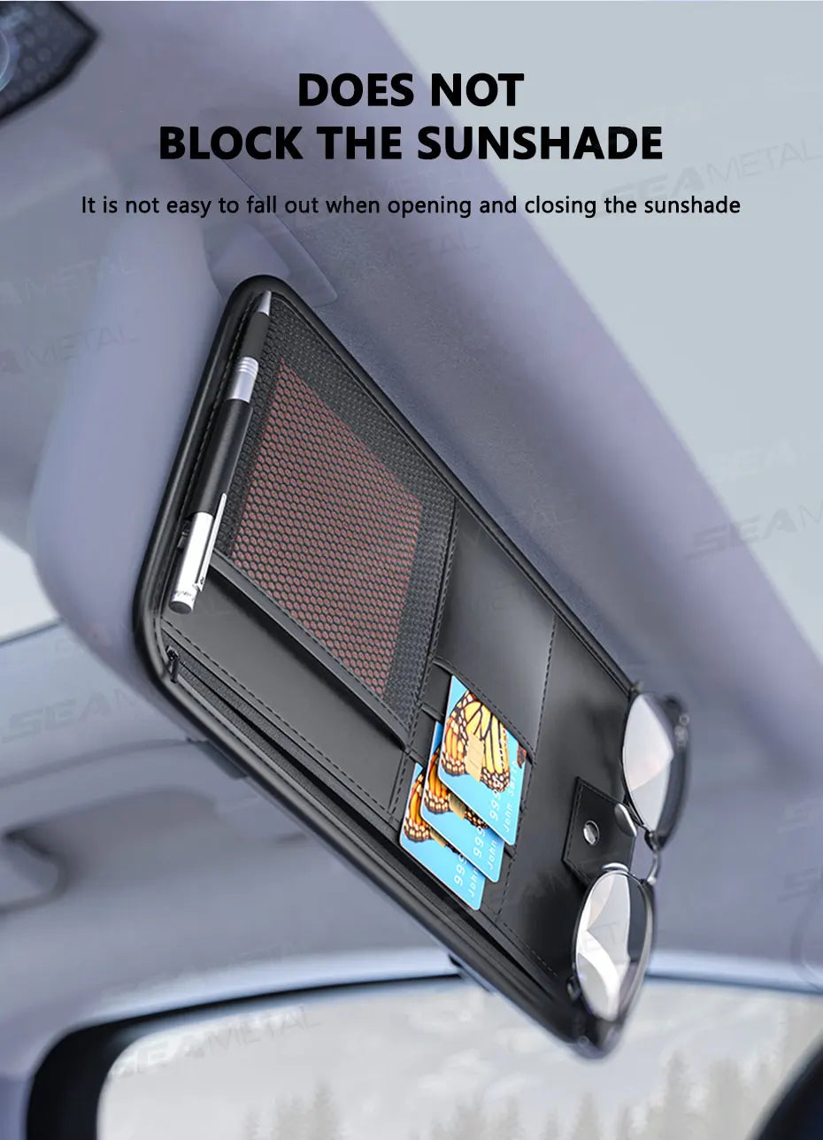 SEAMETAL 9 in 1 Sun Visor Organizer for Car PU Leather Zipper Storage Bag Net Pouch Auto Storage Pocket with Glasses/Card Holder