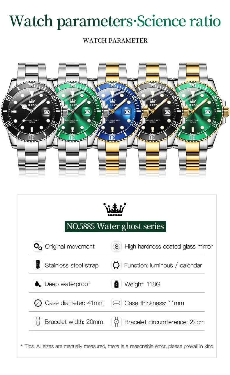 OLEVS Top Original Men Quartz Watch Green Waterproof Watch for Men Stainless Steel Quartz Men Luxury Watch Luminous Wristwatch 