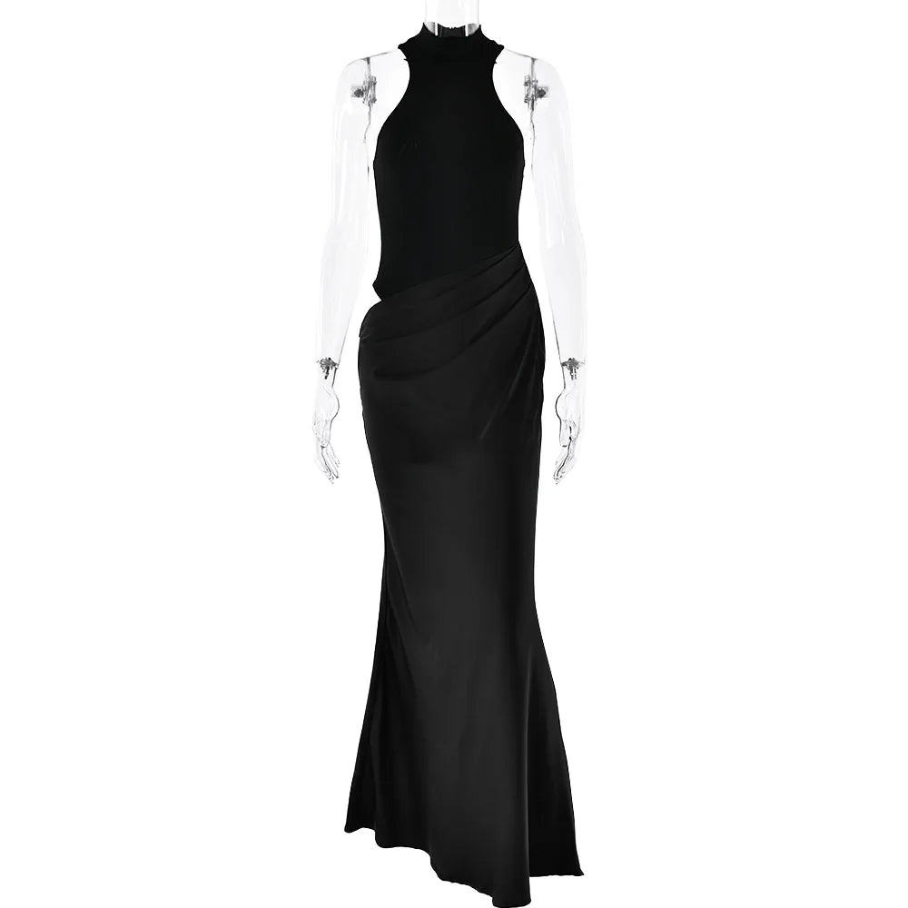 JULISSA MO Satin Sexy Hollow Out Women Maxi Dress Black Sleeveless High Waist Dress Female Autumn Skinny Elegant Party Clubwear 