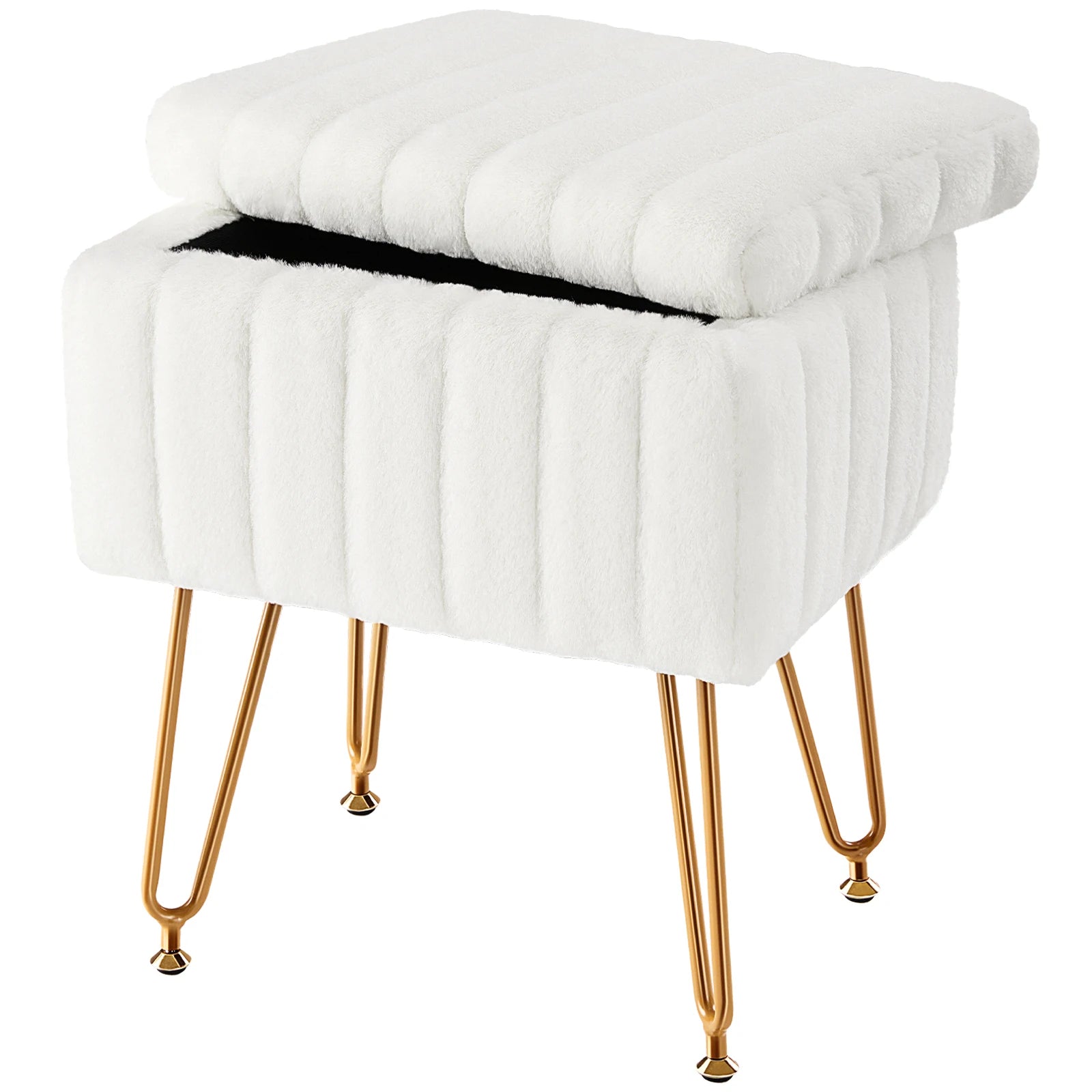 Faux Fur Storage Ottoman Stool with Hidden Compartment & Metal Legs