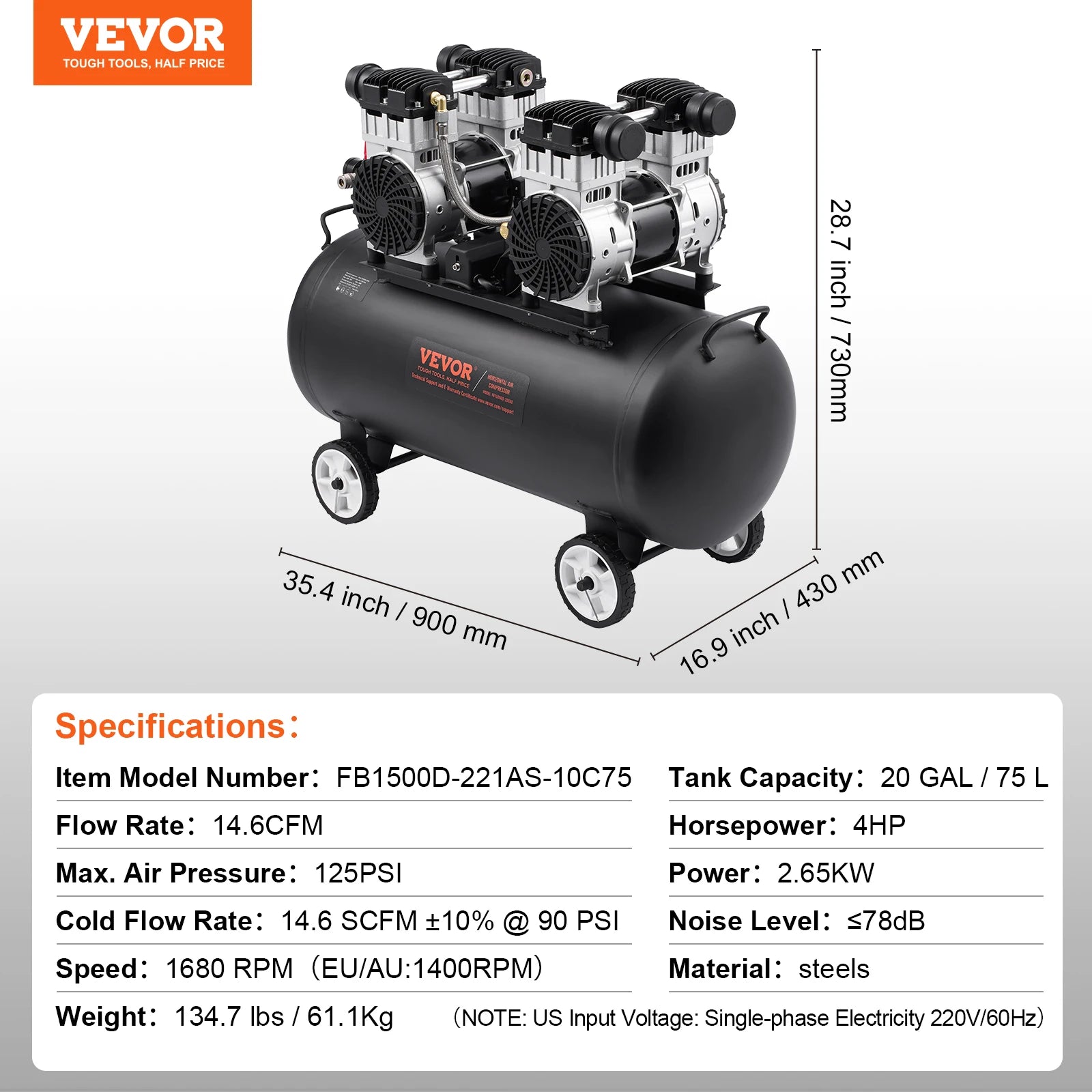 Bezolejový vzduchový kompresor 125 PSI tichý elektrický pumpa pro pneumatiky a nářadí