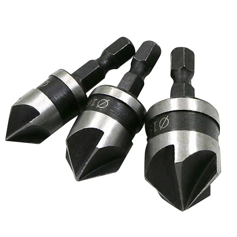 3PC Hexagonal Shank 90 Degree Black Five Blade Chamferer 12/16/19mm Countersink Drill Woodworking Hole Opener Tool Set 