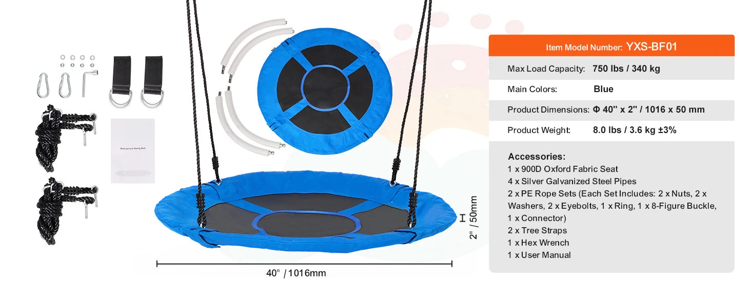 40" Tree Swing Saucer Seat 750lbs with Straps & Adjustable Ropes