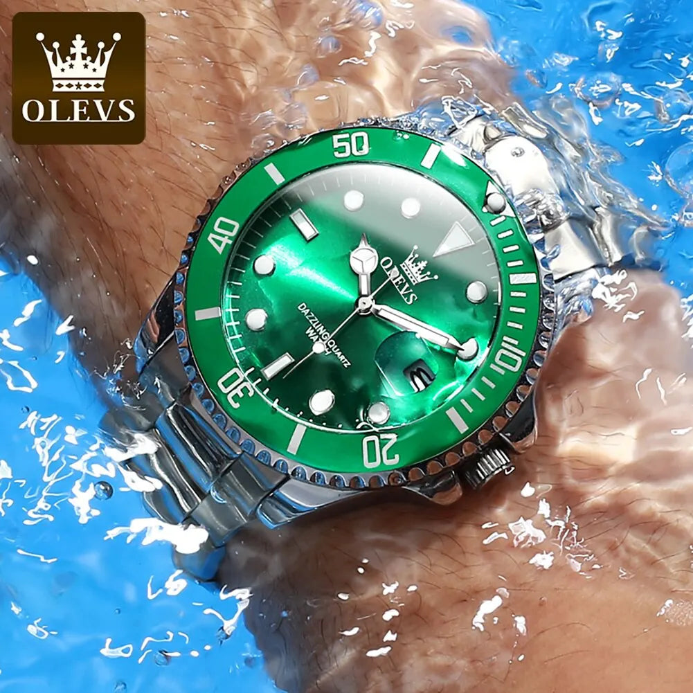 OLEVS Top Original Men Quartz Watch Green Waterproof Watch for Men Stainless Steel Quartz Men Luxury Watch Luminous Wristwatch 