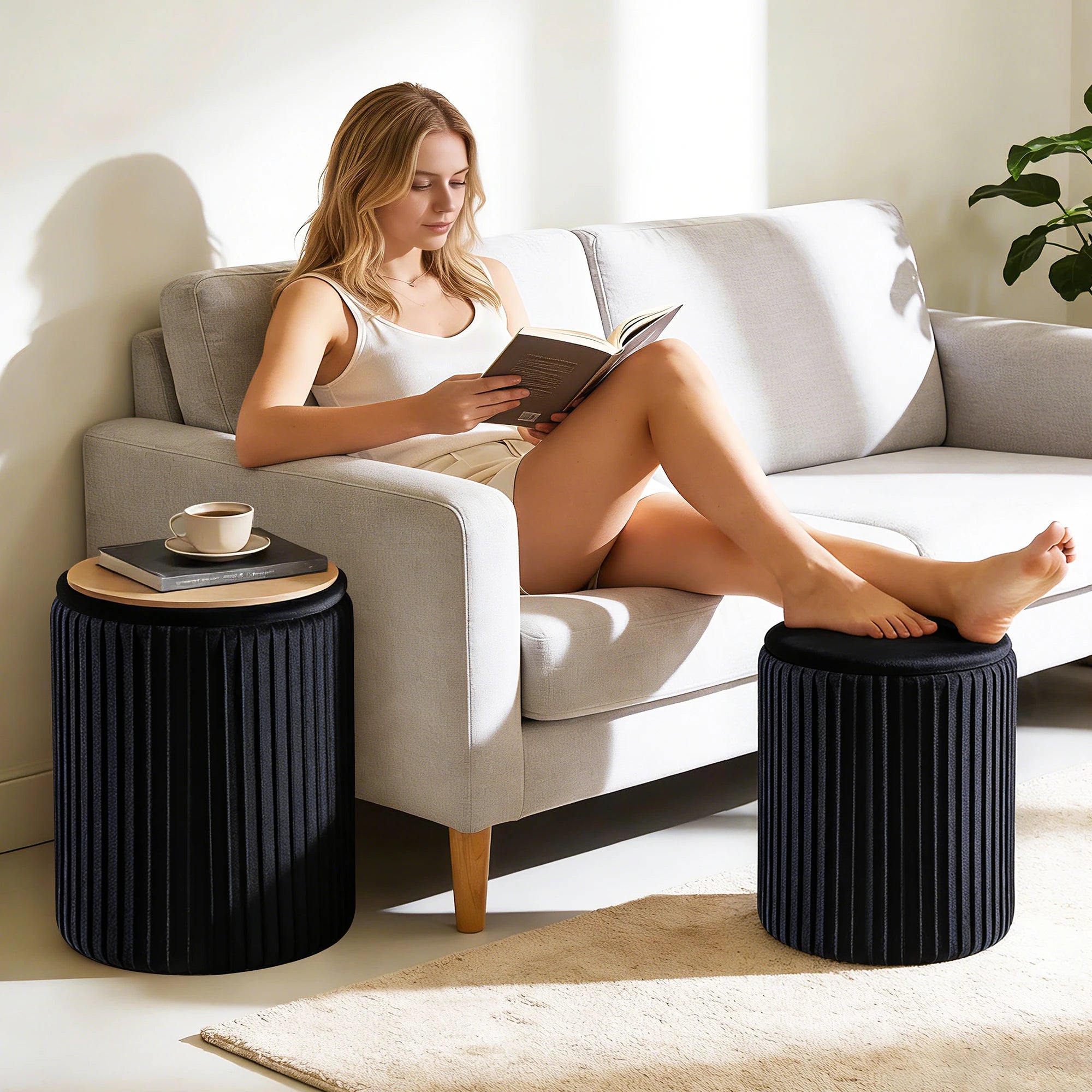 Round Ottoman Storage Set of 2 Nesting Footstools with Lids