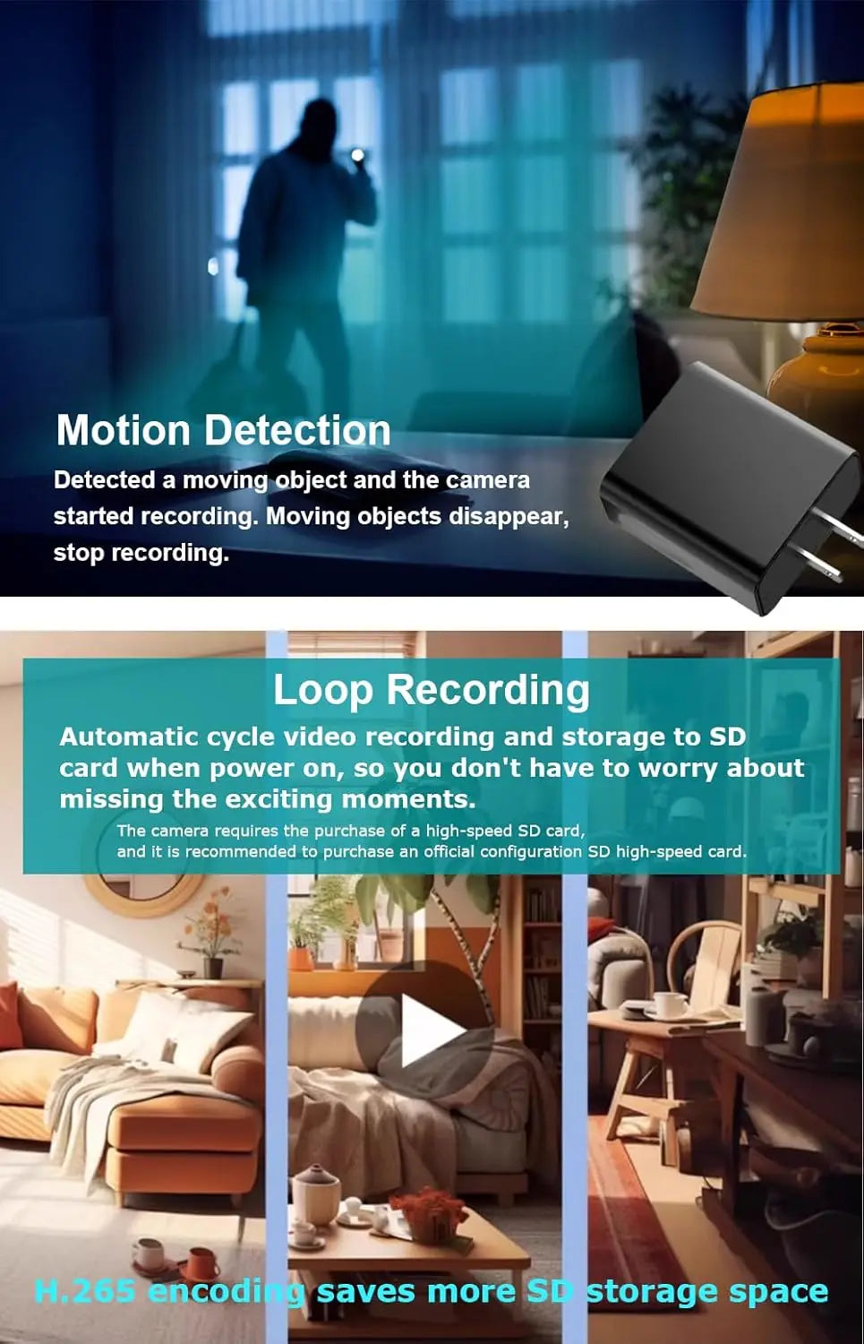 160° Wide Angle 4K HD Charger Camera with Motion Detection, App Remote Control and 24/7 continuou.